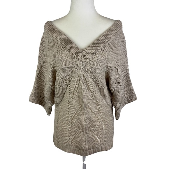 Angie Womens‎ Alpaca Blend Knit Sweater Sz Small Beige V-Neck Batwing Coastal - Picture 1 of 10
